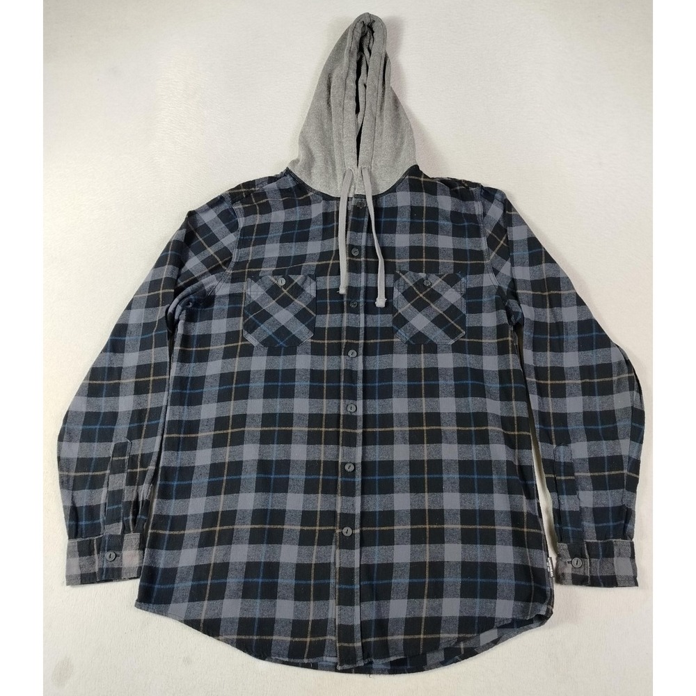 Unionbay Shirt Hoodie Mens Medium Gray Blue Plaid Flannel Skater Grunge Casual